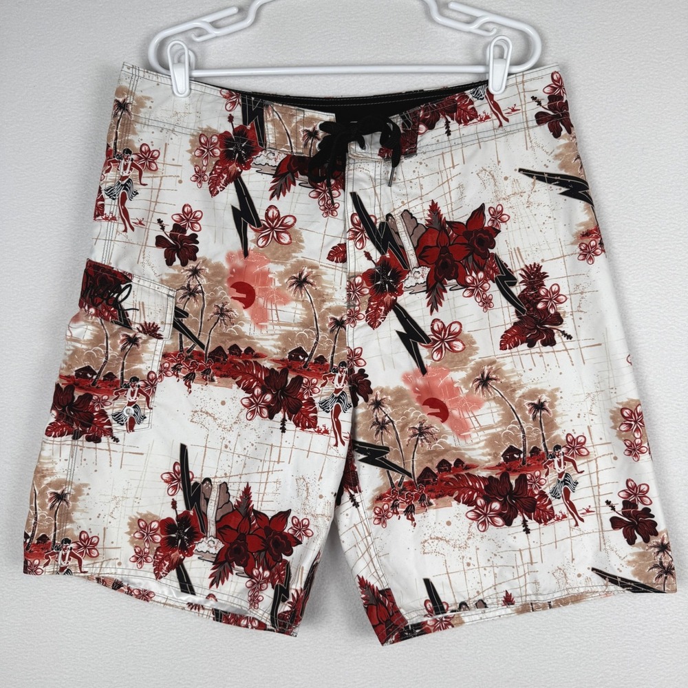 Vtg Y2K O'Neill Board Shorts Mens 36 White Red Hula Girl Tropical Floral Surfer